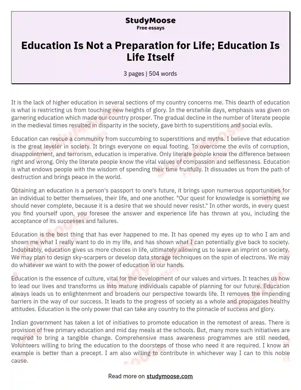 Education Is Not a Preparation for Life; Education Is Life Itself essay