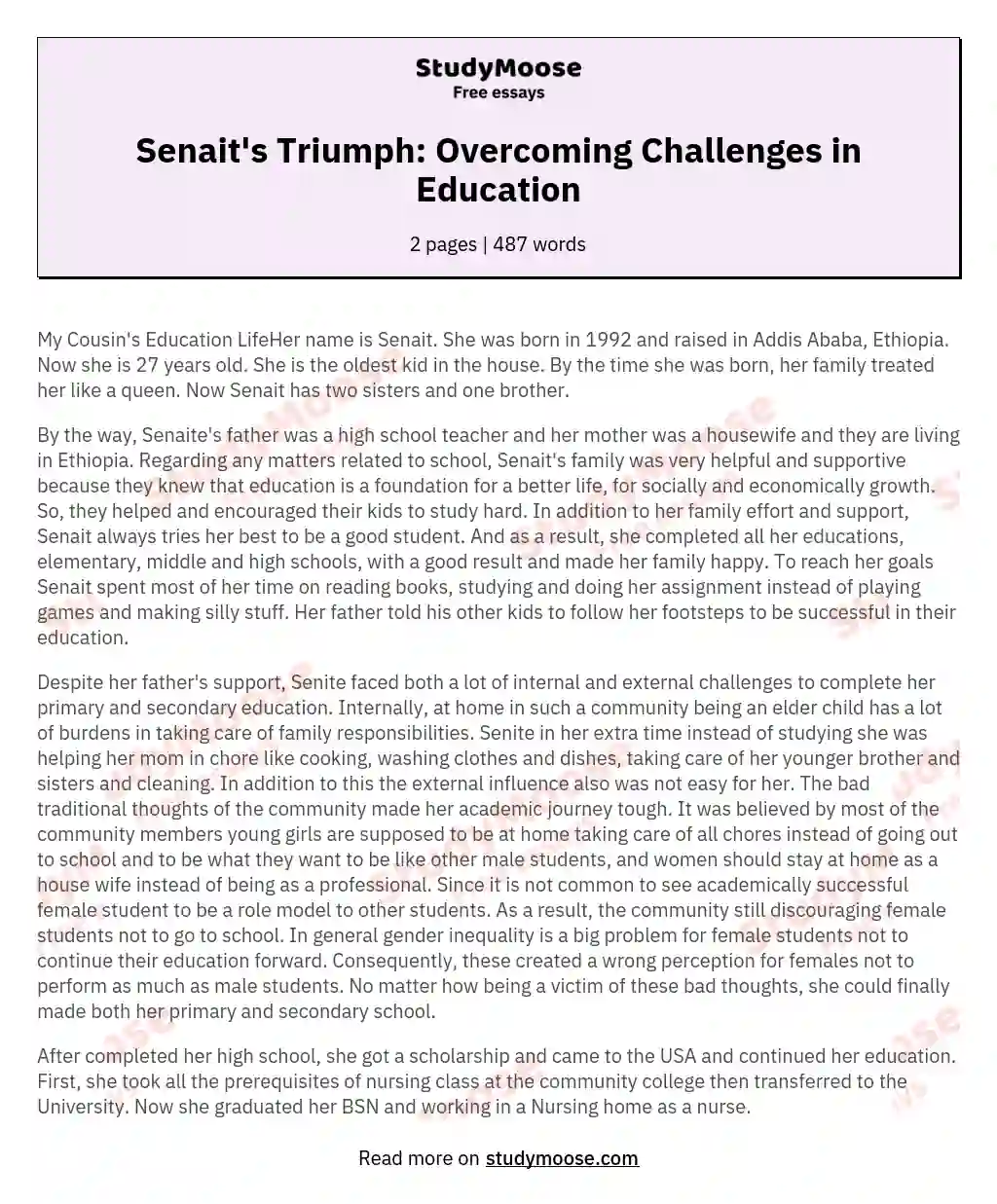 Senait's Triumph: Overcoming Challenges in Education essay