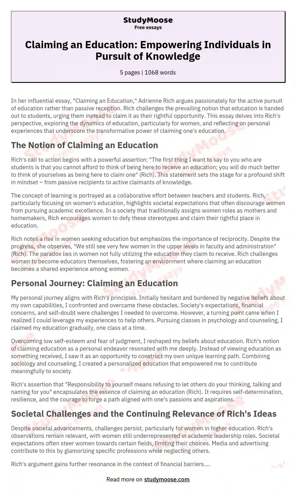 Claiming an Education: Empowering Individuals in Pursuit of Knowledge essay