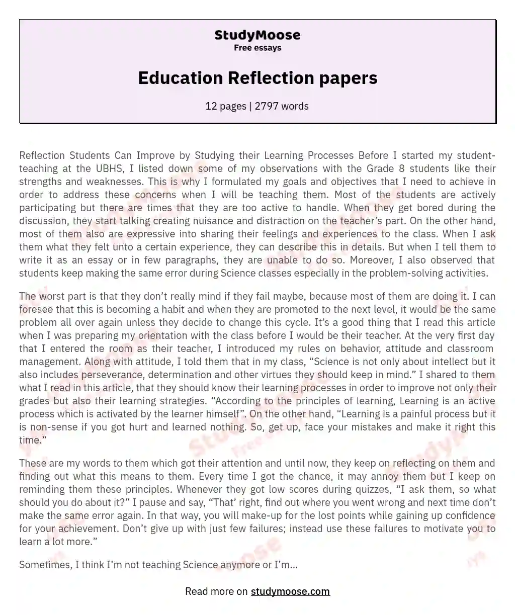 Education Reflection papers essay