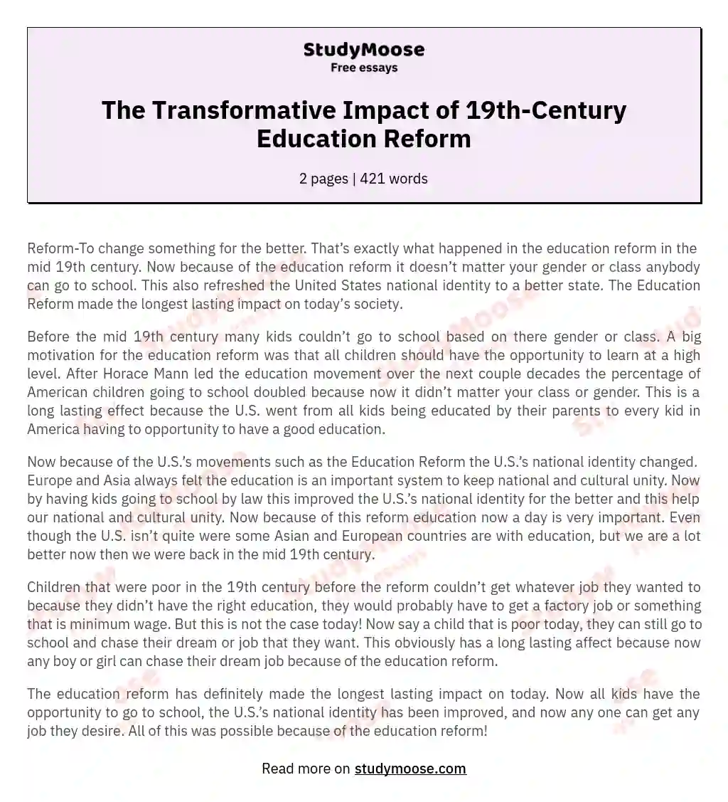 The Transformative Impact of 19th-Century Education Reform essay