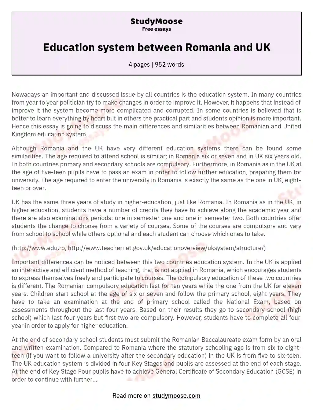 Education system between Romania and UK essay