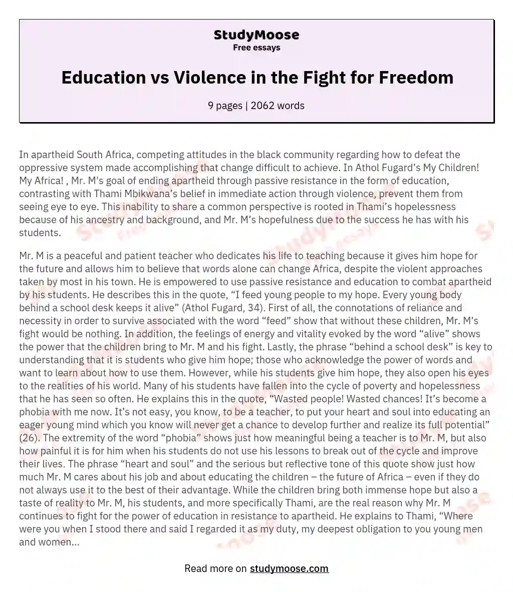 Education vs Violence in the Fight for Freedom essay