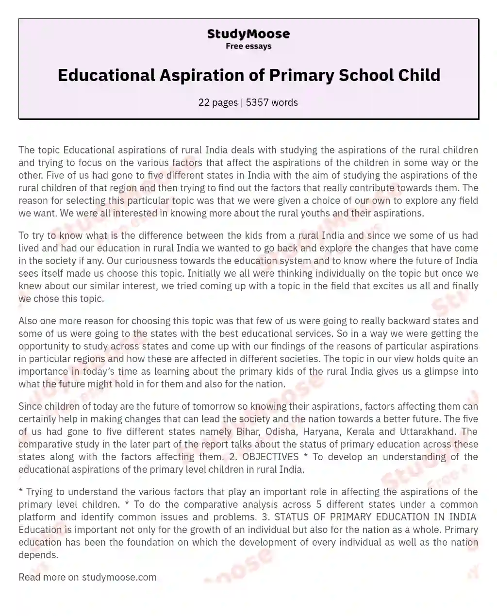 Educational Aspiration of Primary School Child essay