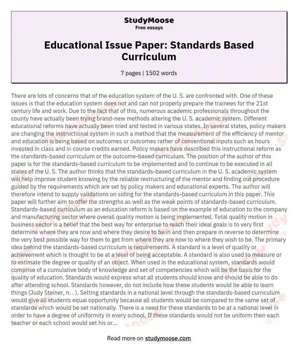 Educational Issue Paper: Standards Based Curriculum