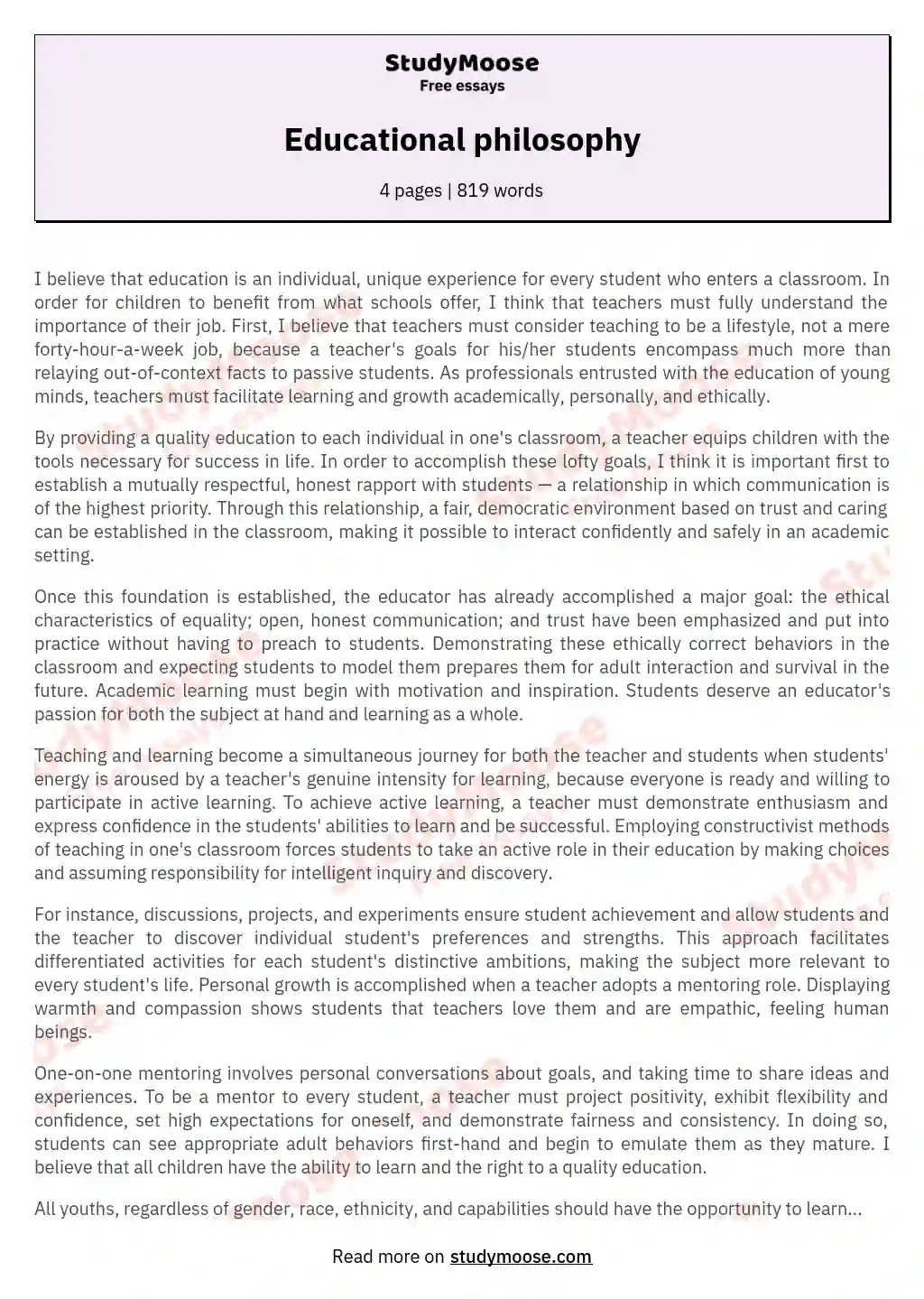 Sample Philosophy Of Education Papers And Free Essay Example