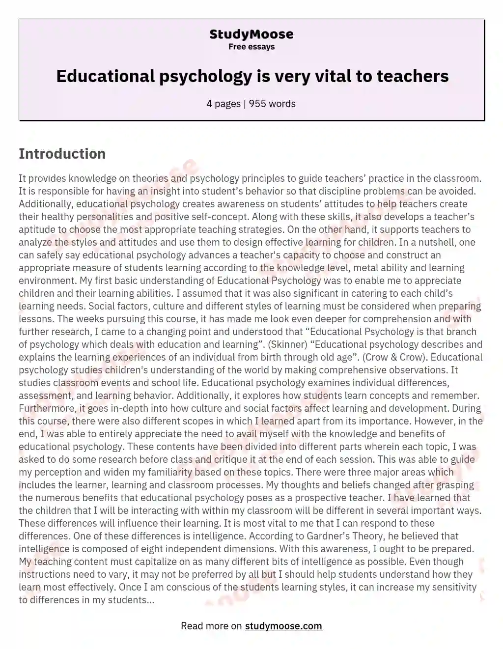 Educational psychology is very vital to teachers essay
