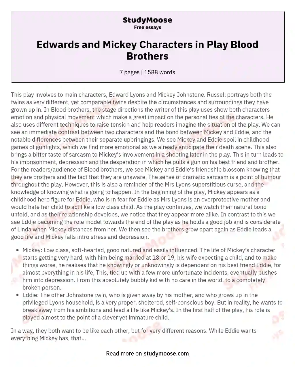 Edwards and Mickey Characters in Play Blood Brothers essay