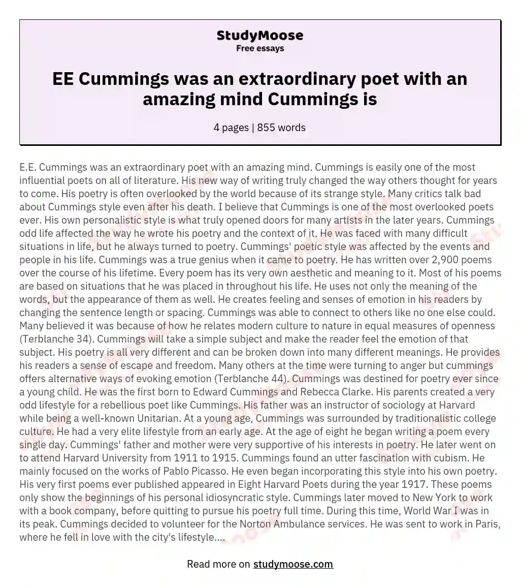 EE Cummings was an extraordinary poet with an amazing mind Cummings is essay