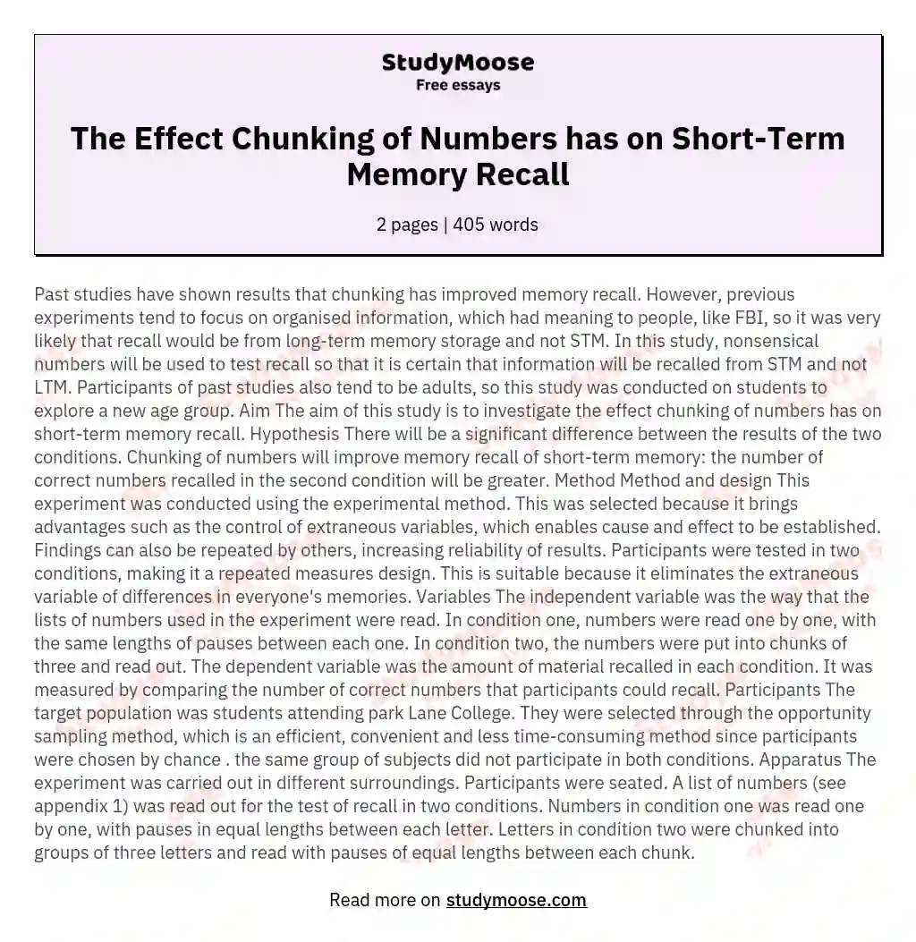 The Effect Chunking of Numbers has on Short-Term Memory Recall essay