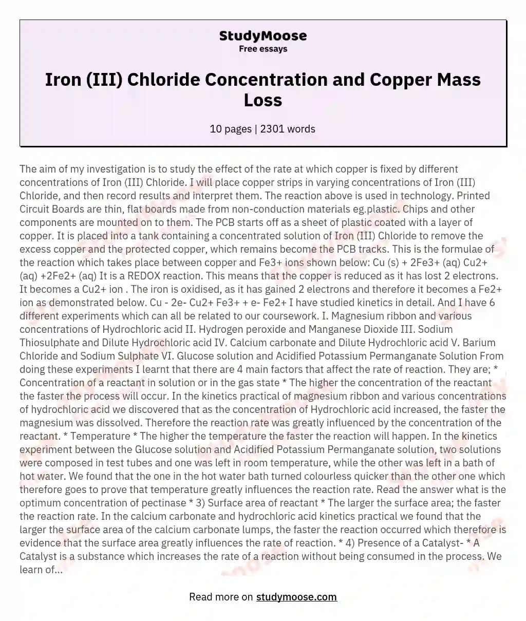 Iron (III) Chloride Concentration and Copper Mass Loss essay
