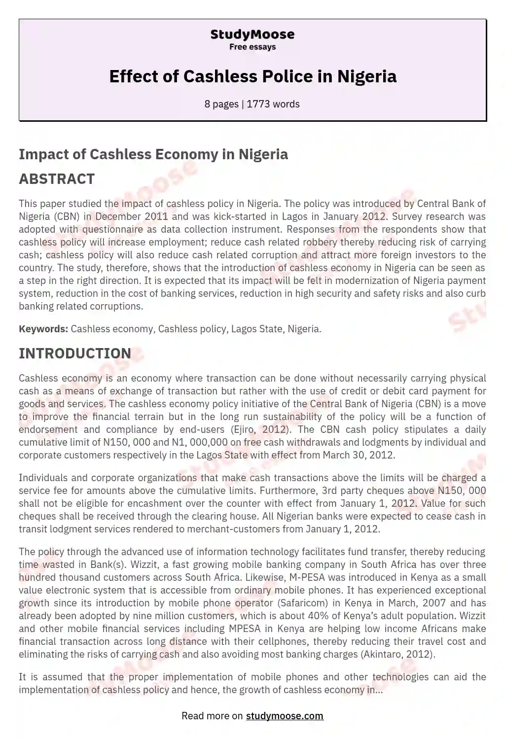 Effect of Cashless Police in Nigeria essay