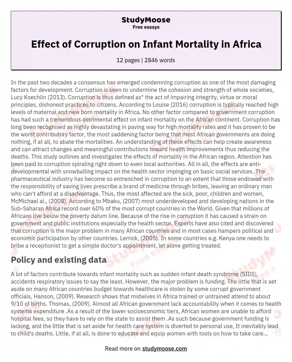 Effect of Corruption on Infant Mortality in Africa essay