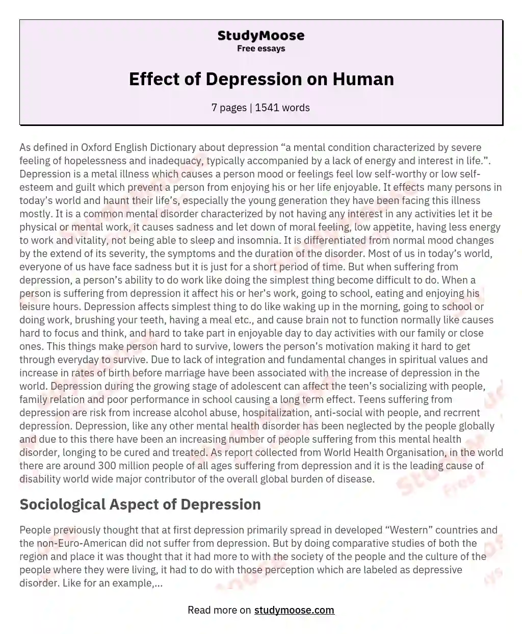 Effect of Depression on Human essay