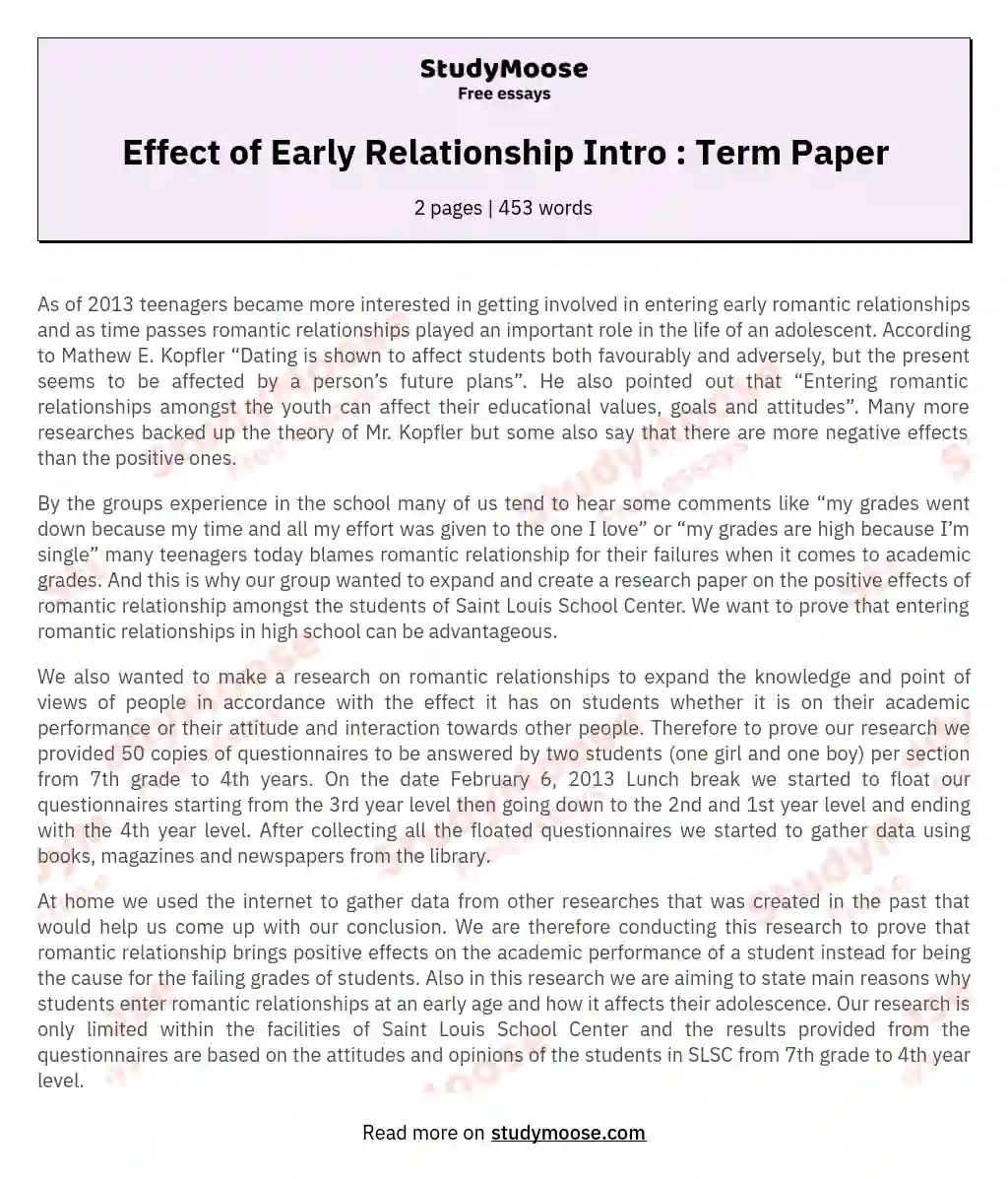Effect of Early Relationship Intro : Term Paper essay