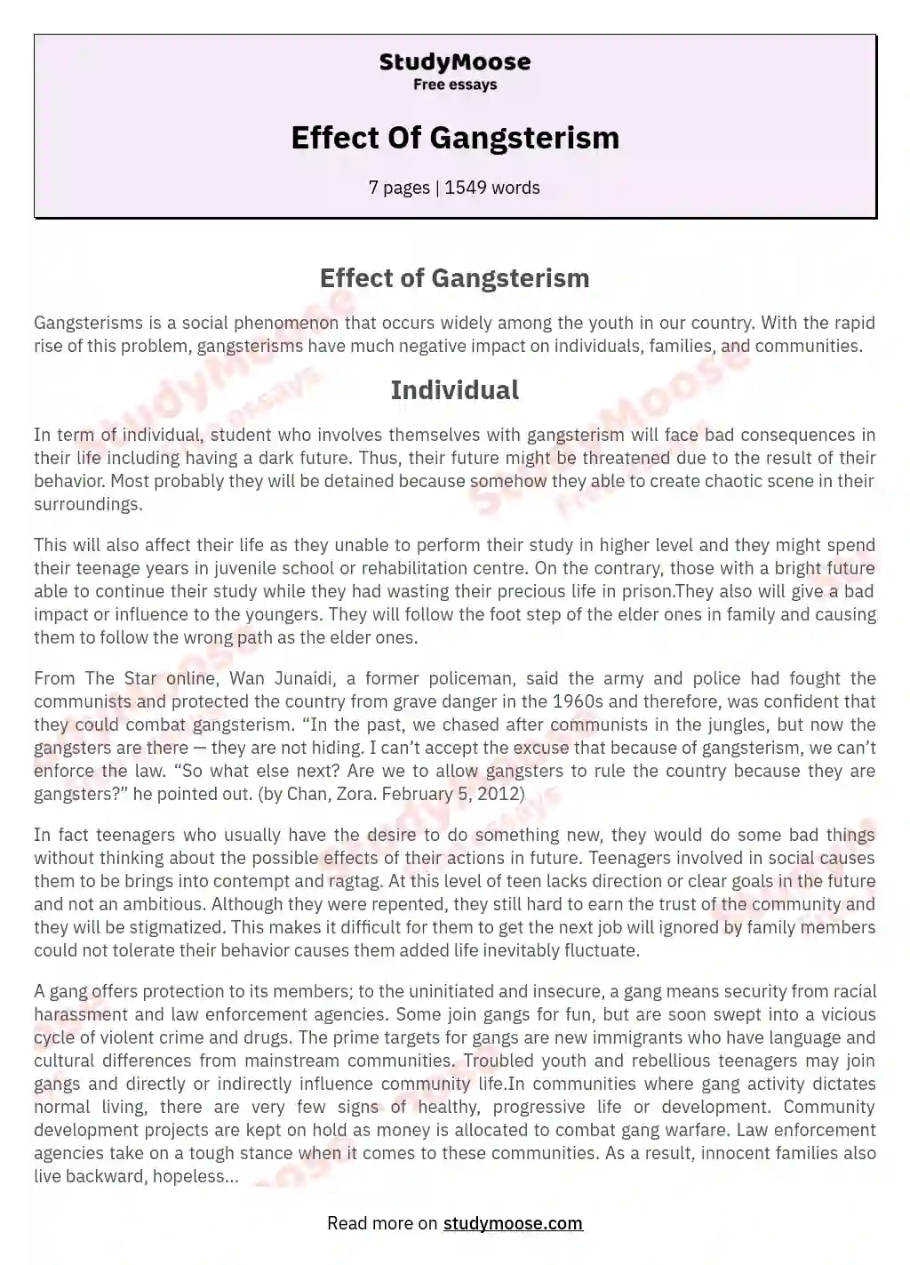 Effect Of Gangsterism essay