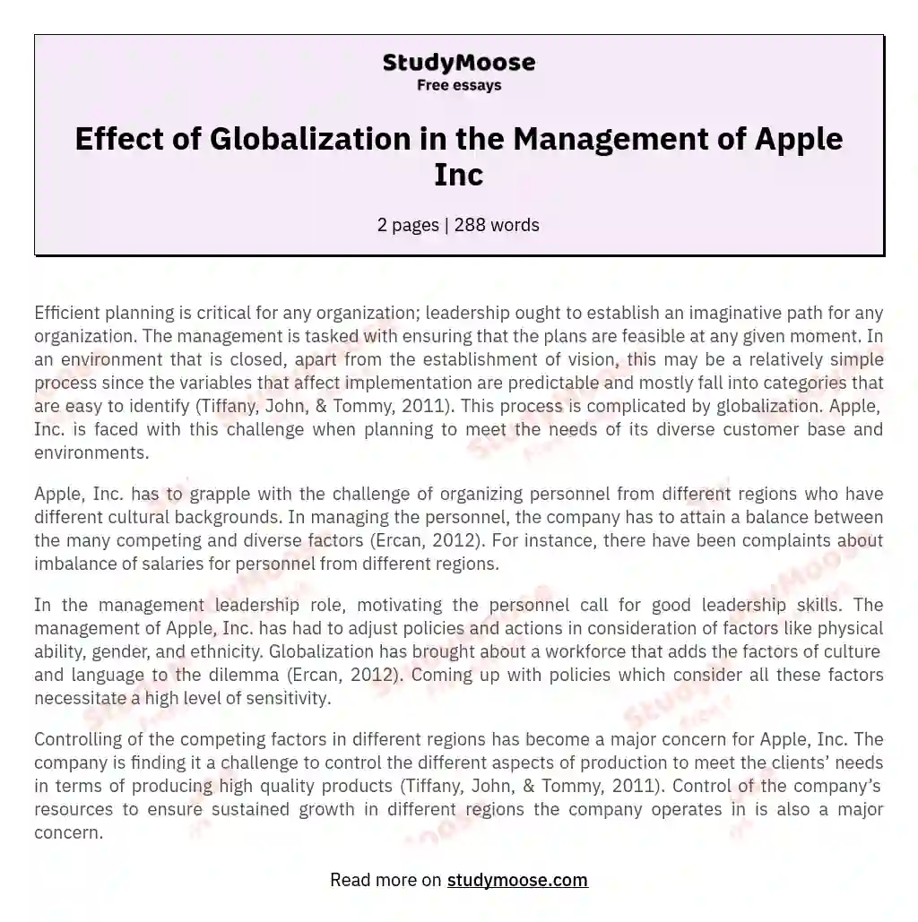 Effect of Globalization in the Management of Apple Inc essay