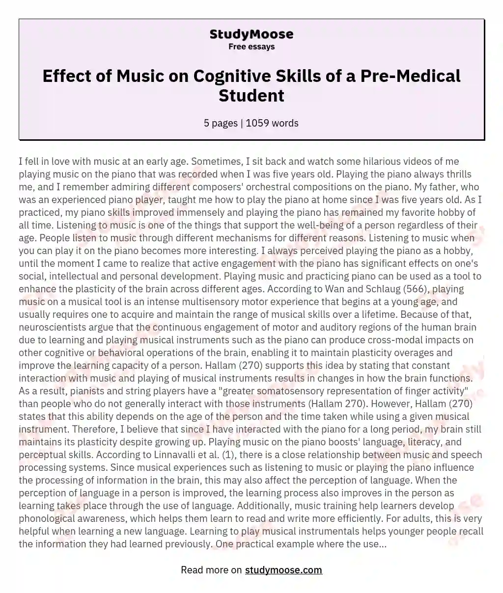 Effect of Music on Cognitive Skills of a Pre-Medical Student essay