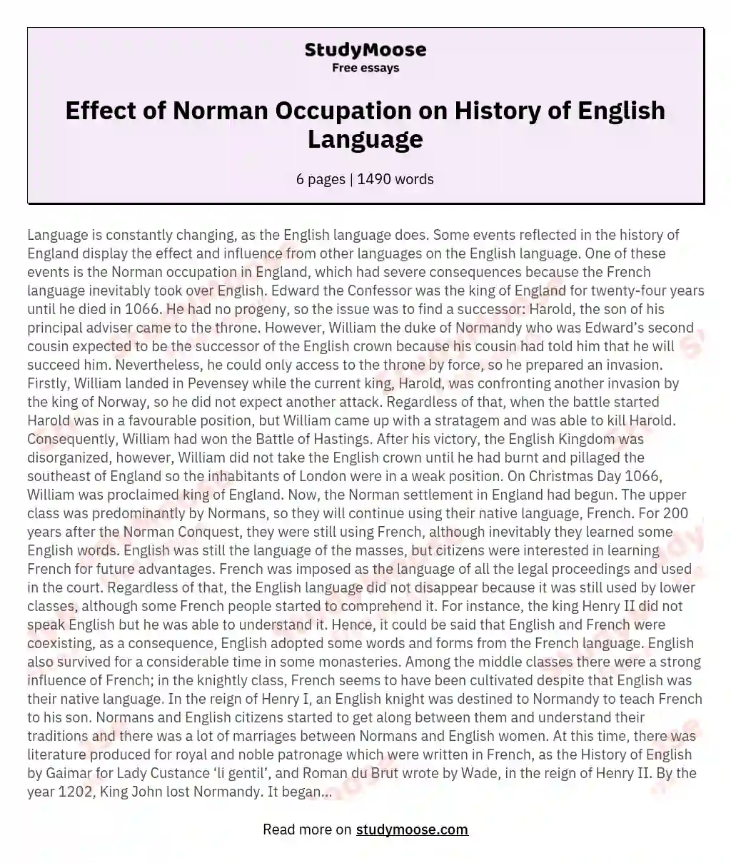 Effect of Norman Occupation on History of English Language essay