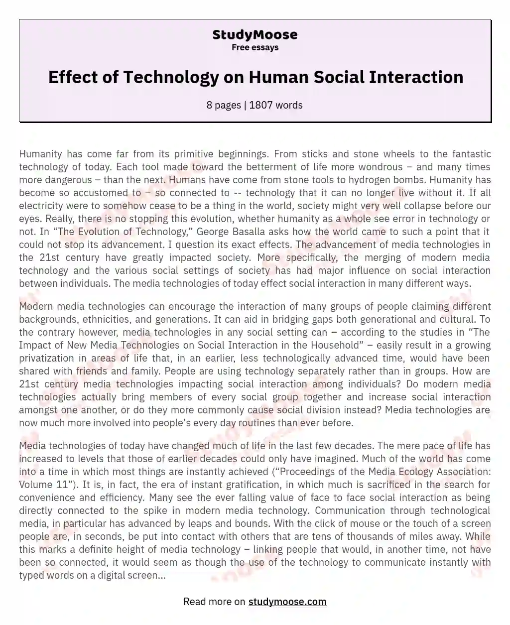 Effect of Technology on Human Social Interaction essay