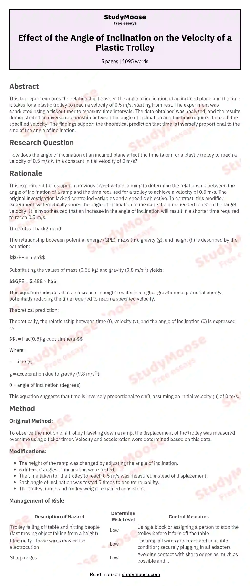 Effect of the Angle of Inclination on the Velocity of a Plastic Trolley essay