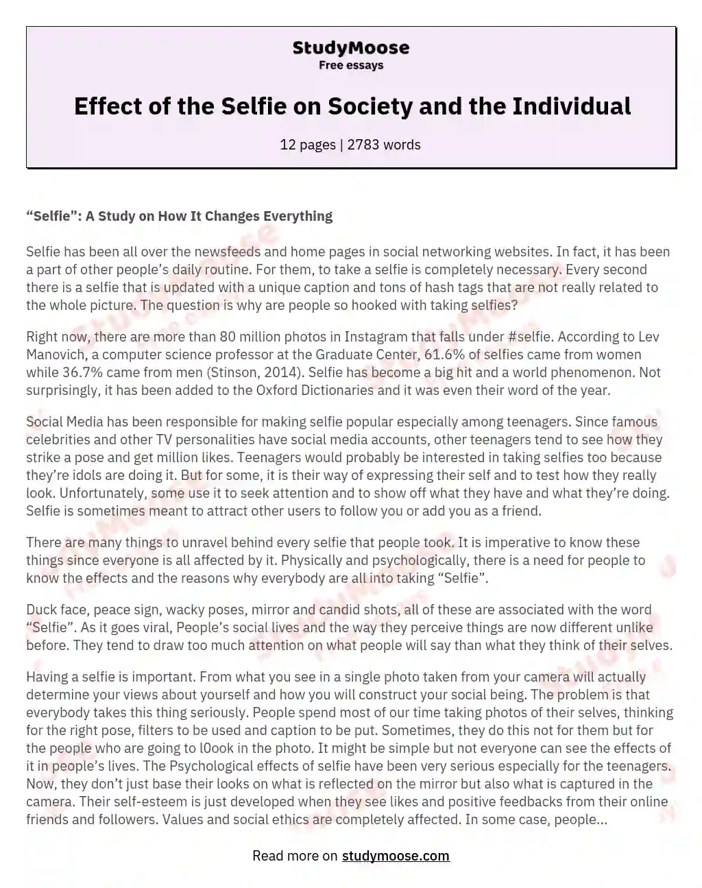 Effect of the Selfie on Society and the Individual essay