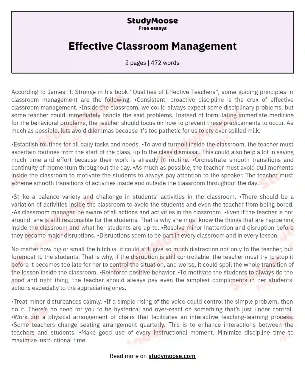 Effective Classroom Management essay