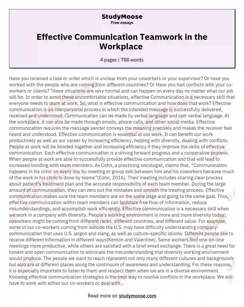 Effective Communication Teamwork in the Workplace  essay