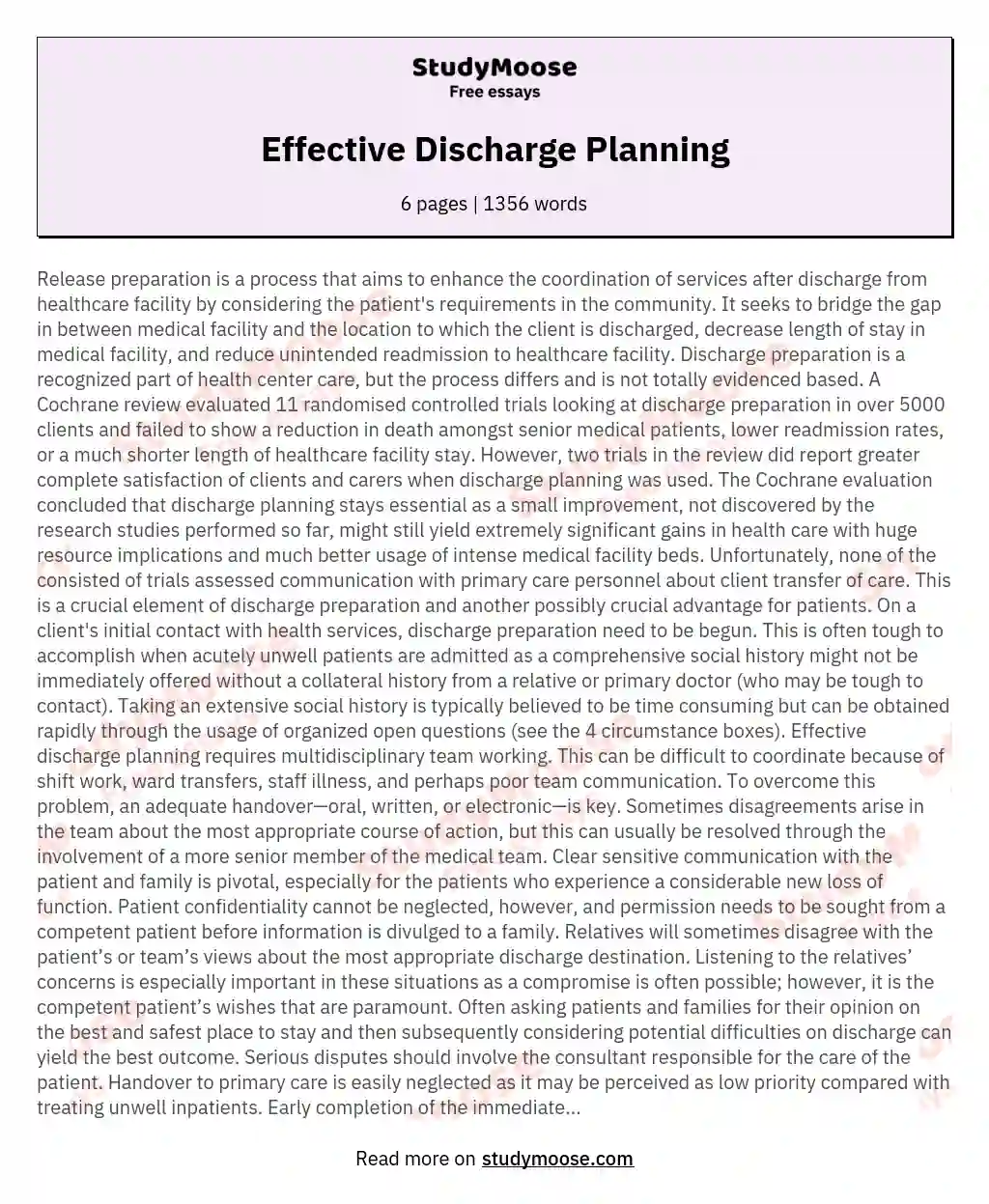 Effective Discharge Planning essay