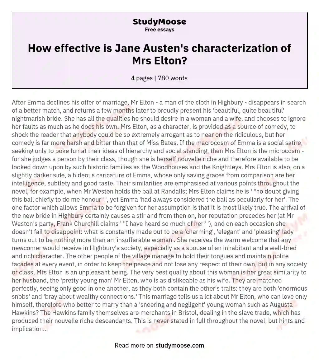 How effective is Jane Austen's characterization of Mrs Elton? essay