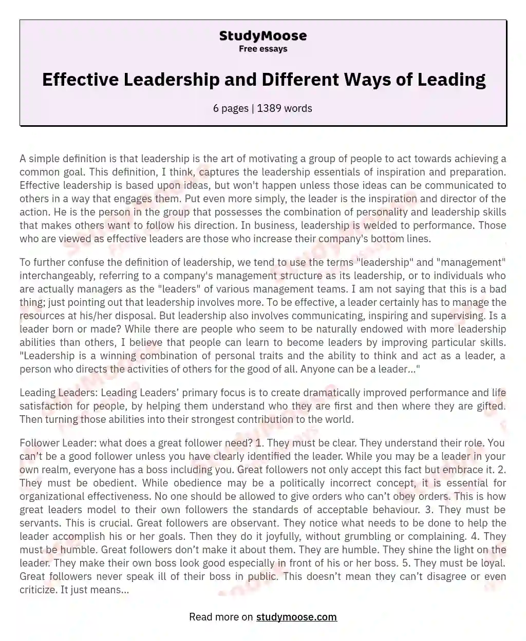 Effective Leadership and Different Ways of Leading essay