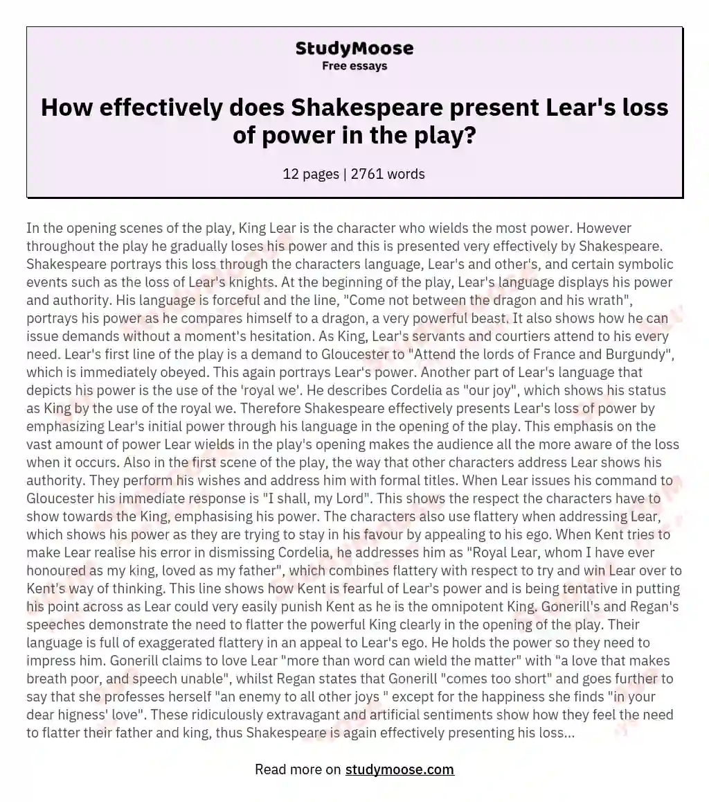 How effectively does Shakespeare present Lear's loss of power in the play? essay