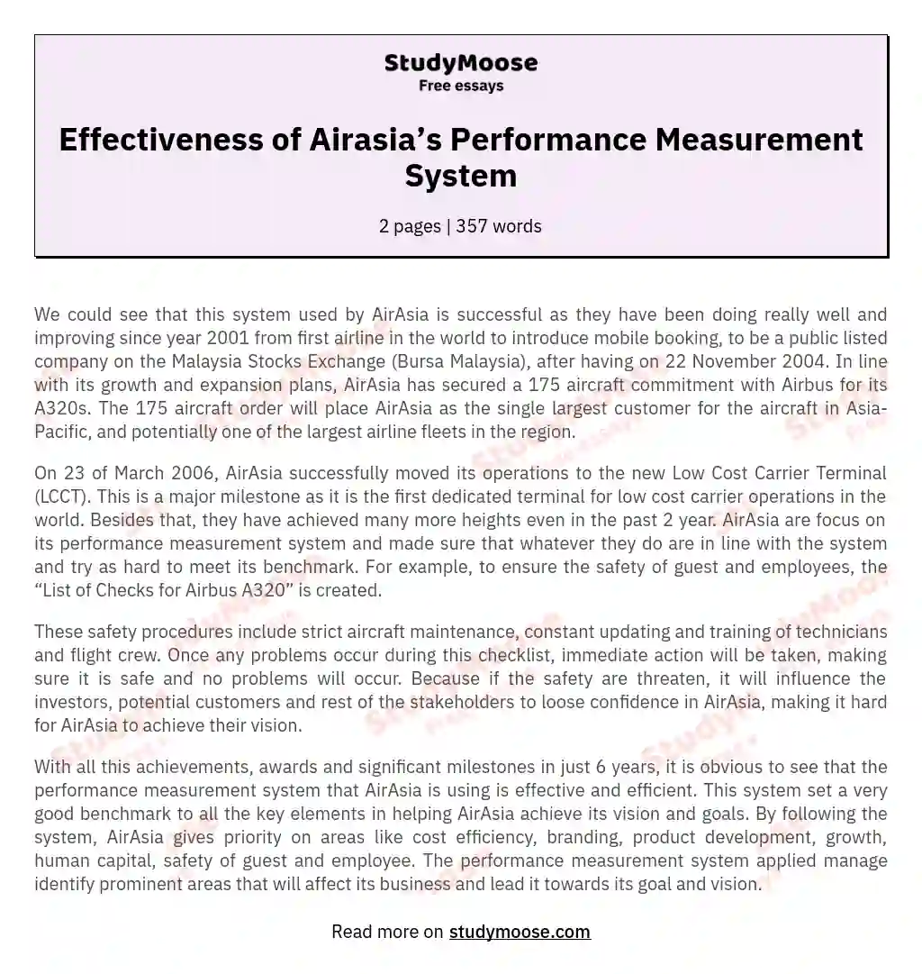 Effectiveness of Airasia’s Performance Measurement System essay