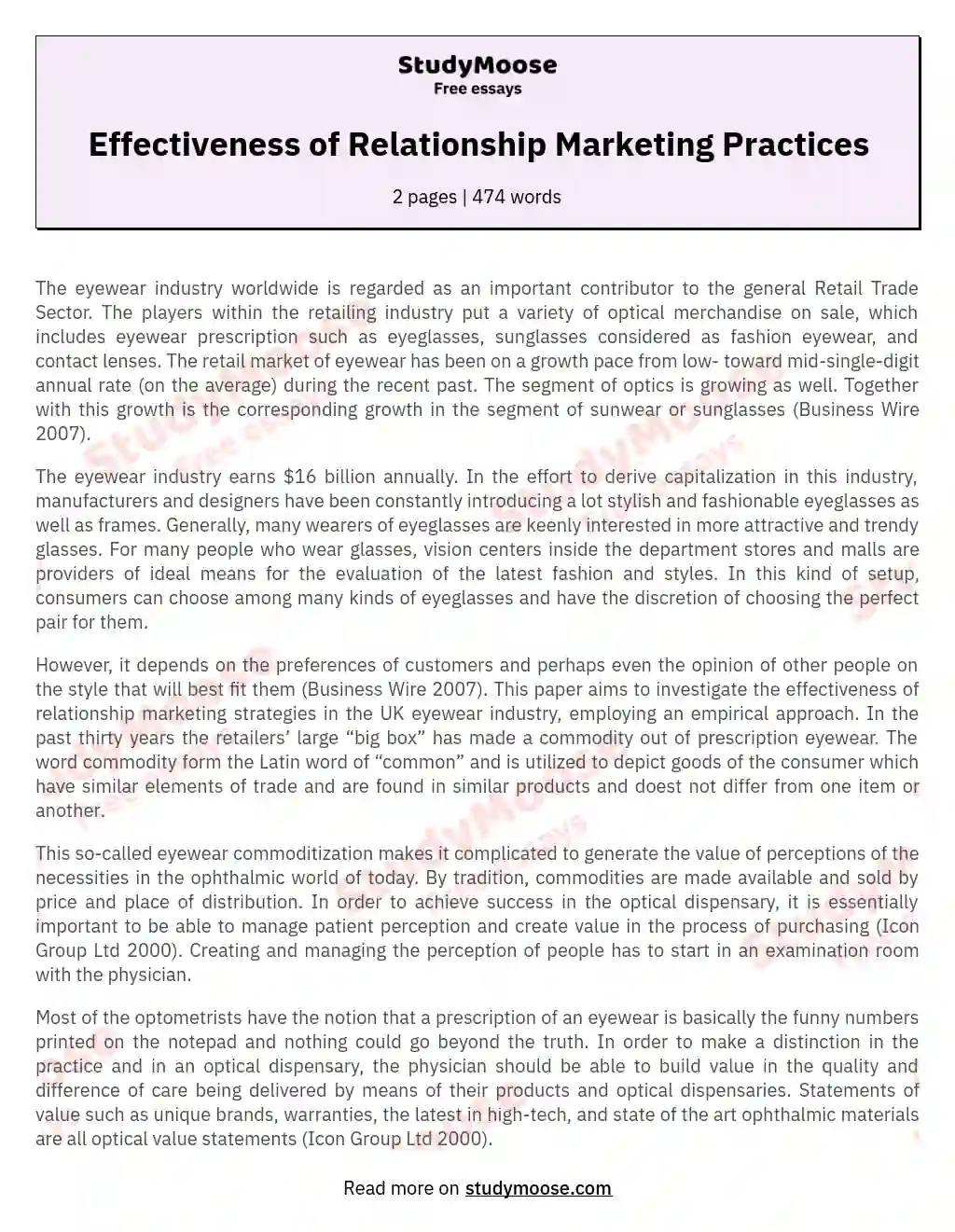 Effectiveness of Relationship Marketing Practices essay