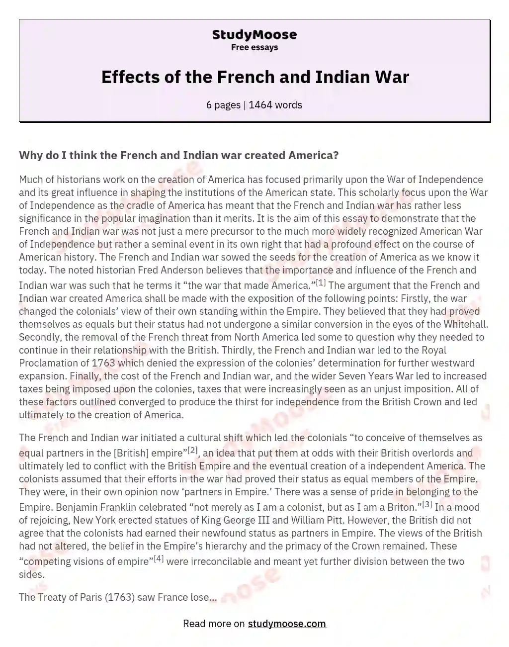 effects of the french and indian war essay