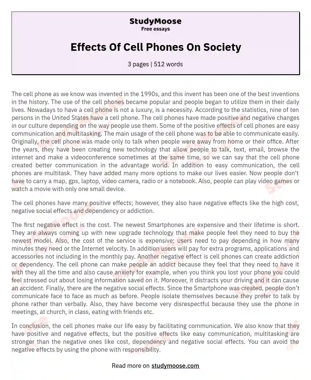 Effects Of Cell Phones On Society essay