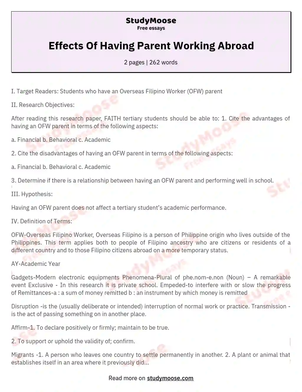 Effects Of Having Parent Working Abroad essay