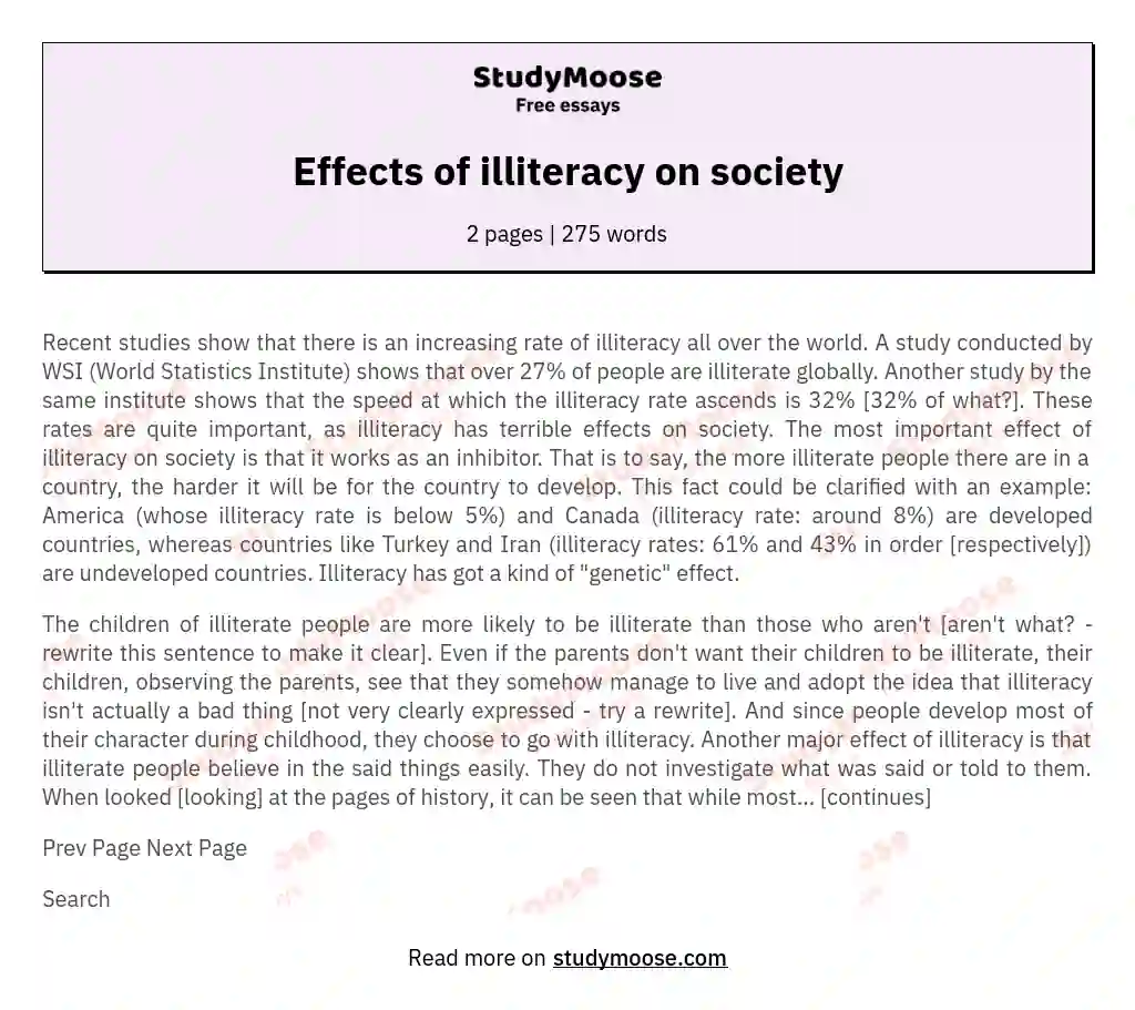 Effects of illiteracy on society essay