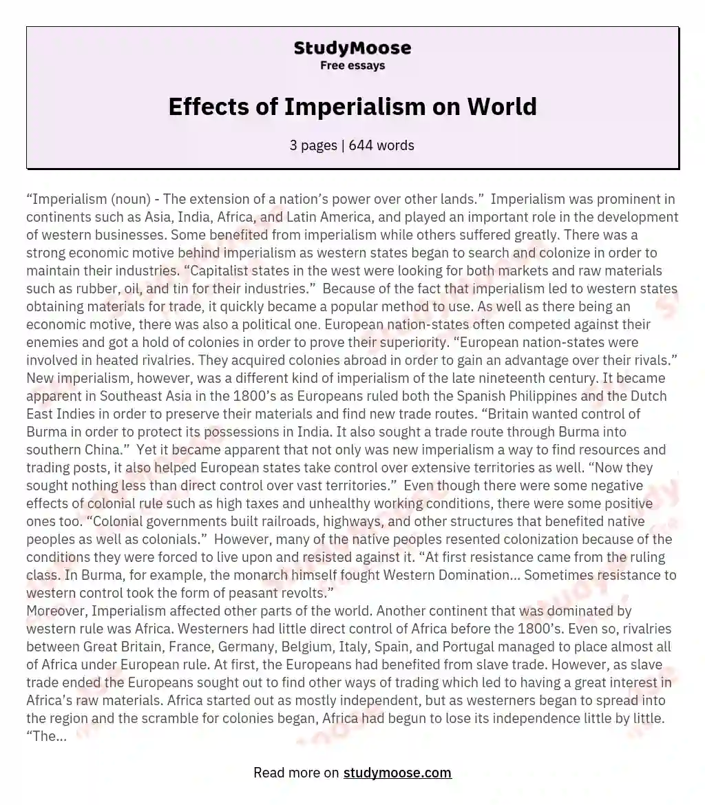 Effects of Imperialism on World essay