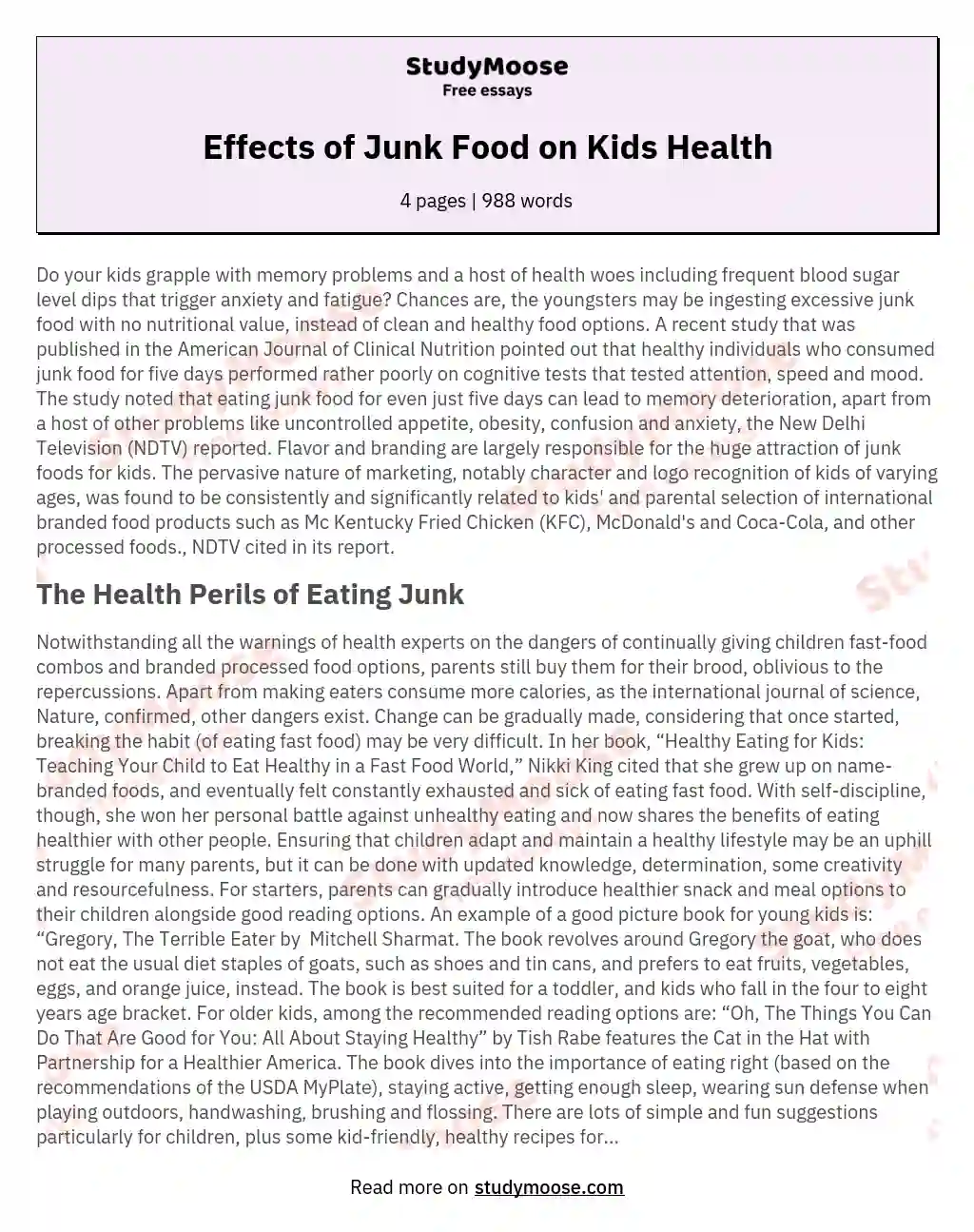 junk food vs healthy food essay
