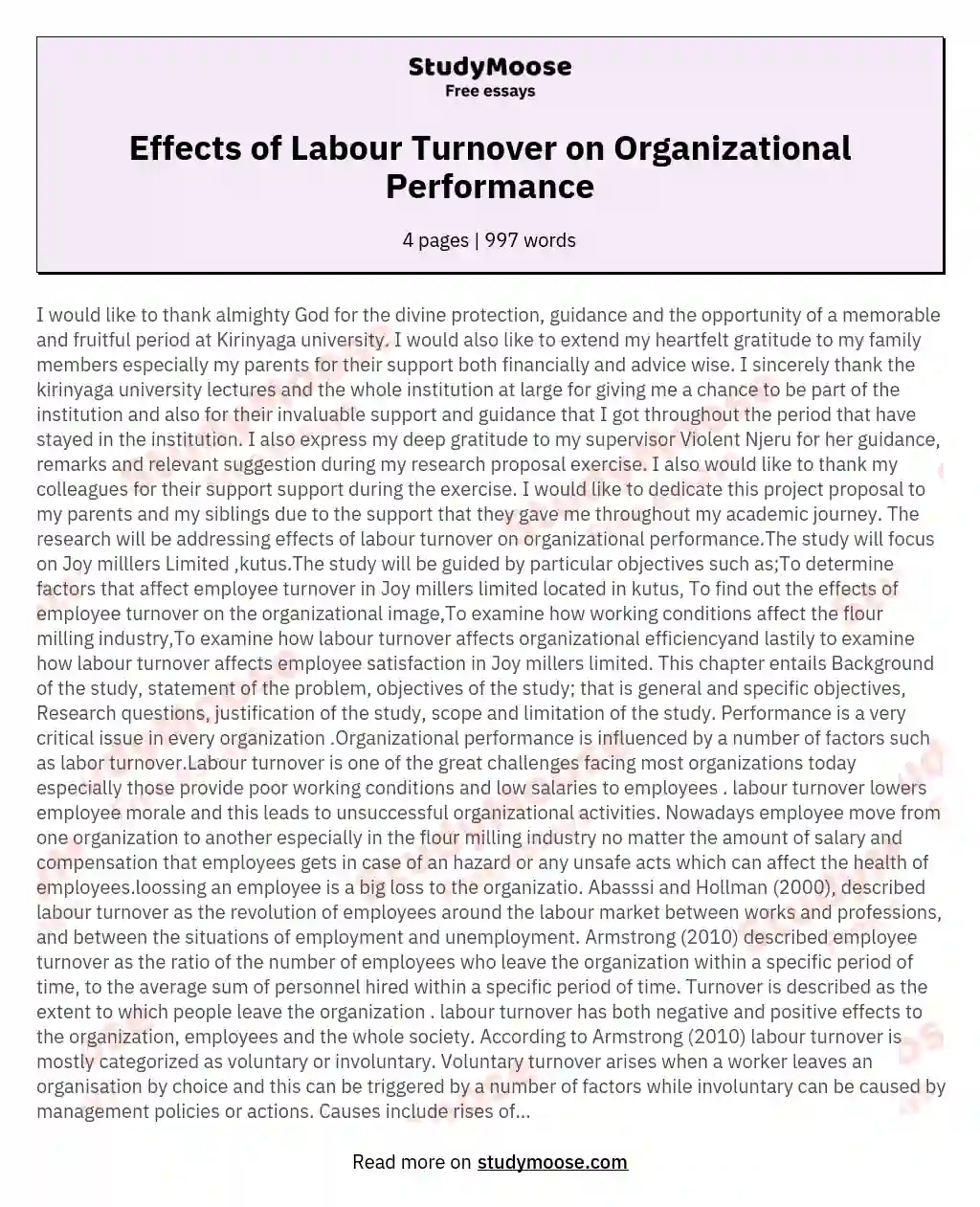 Effects of Labour Turnover on Organizational Performance essay