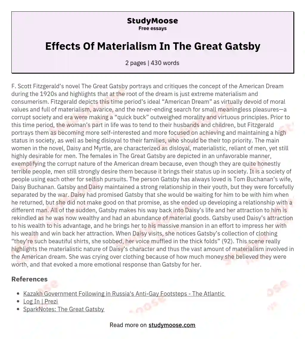 materialism in the great gatsby essay