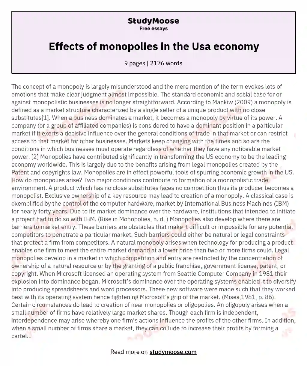 Effects of monopolies in the Usa economy essay