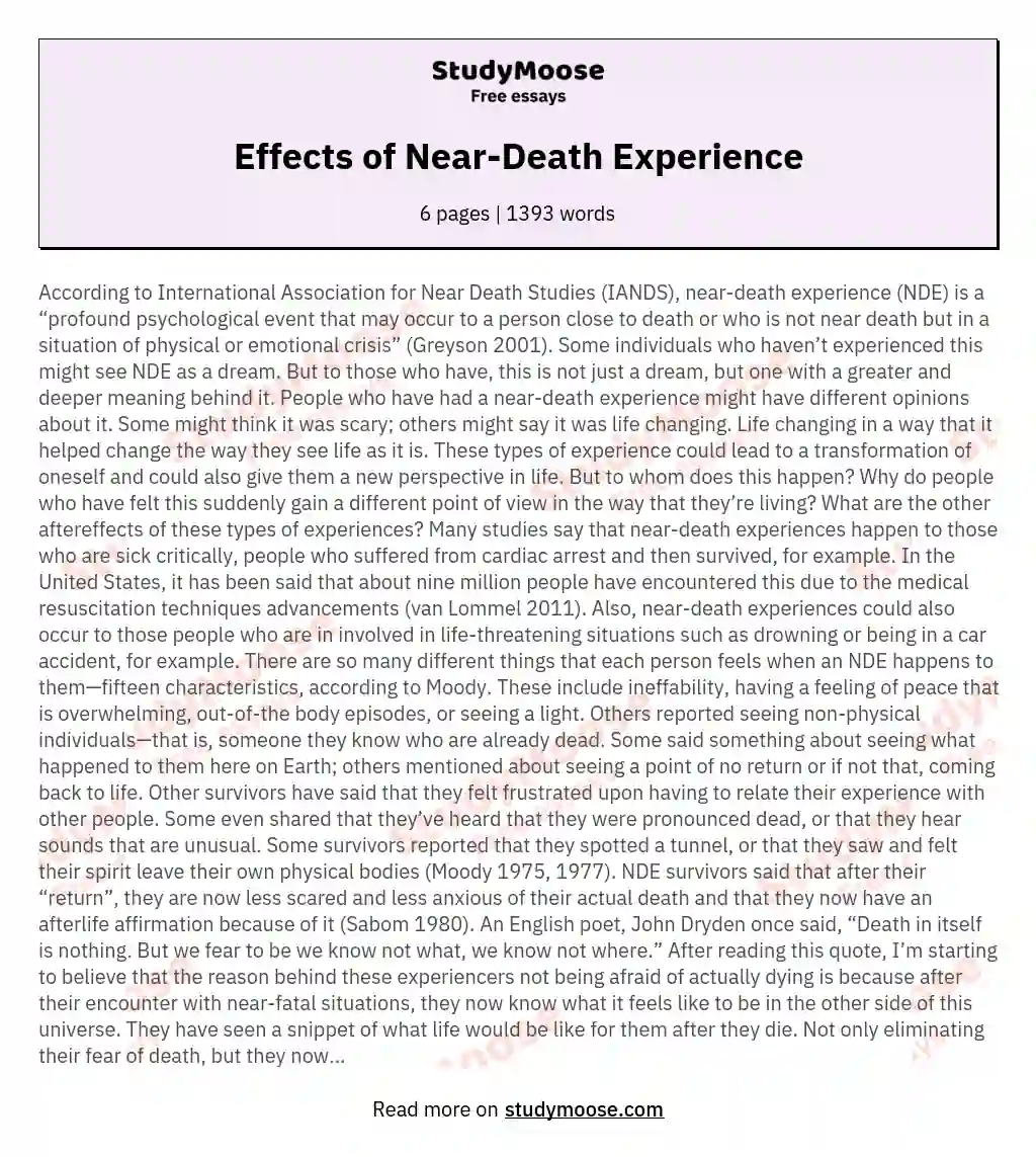 Effects of Near-Death Experience essay