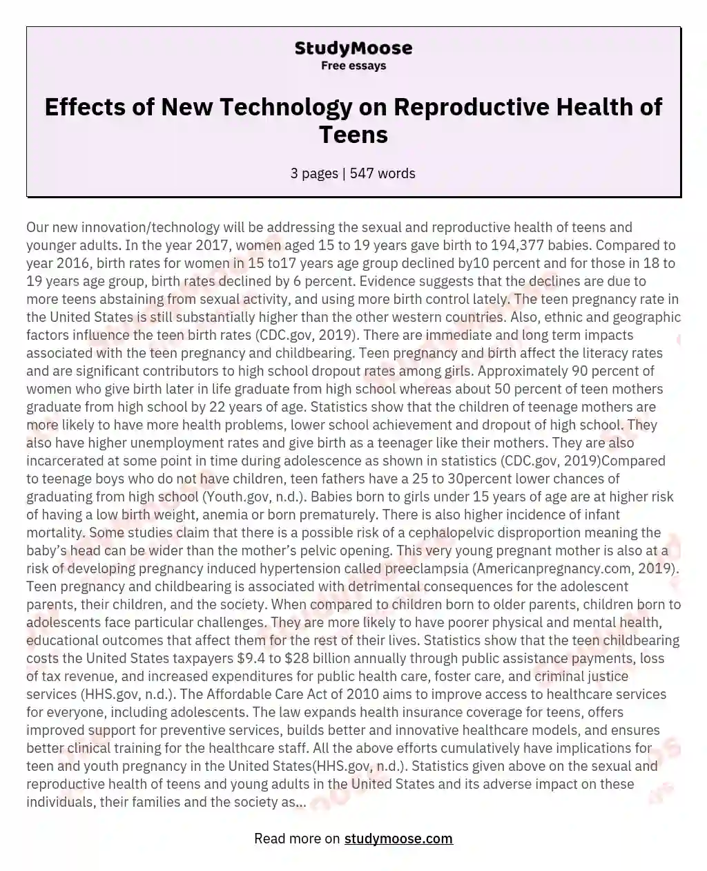 Effects of New Technology on Reproductive Health of Teens