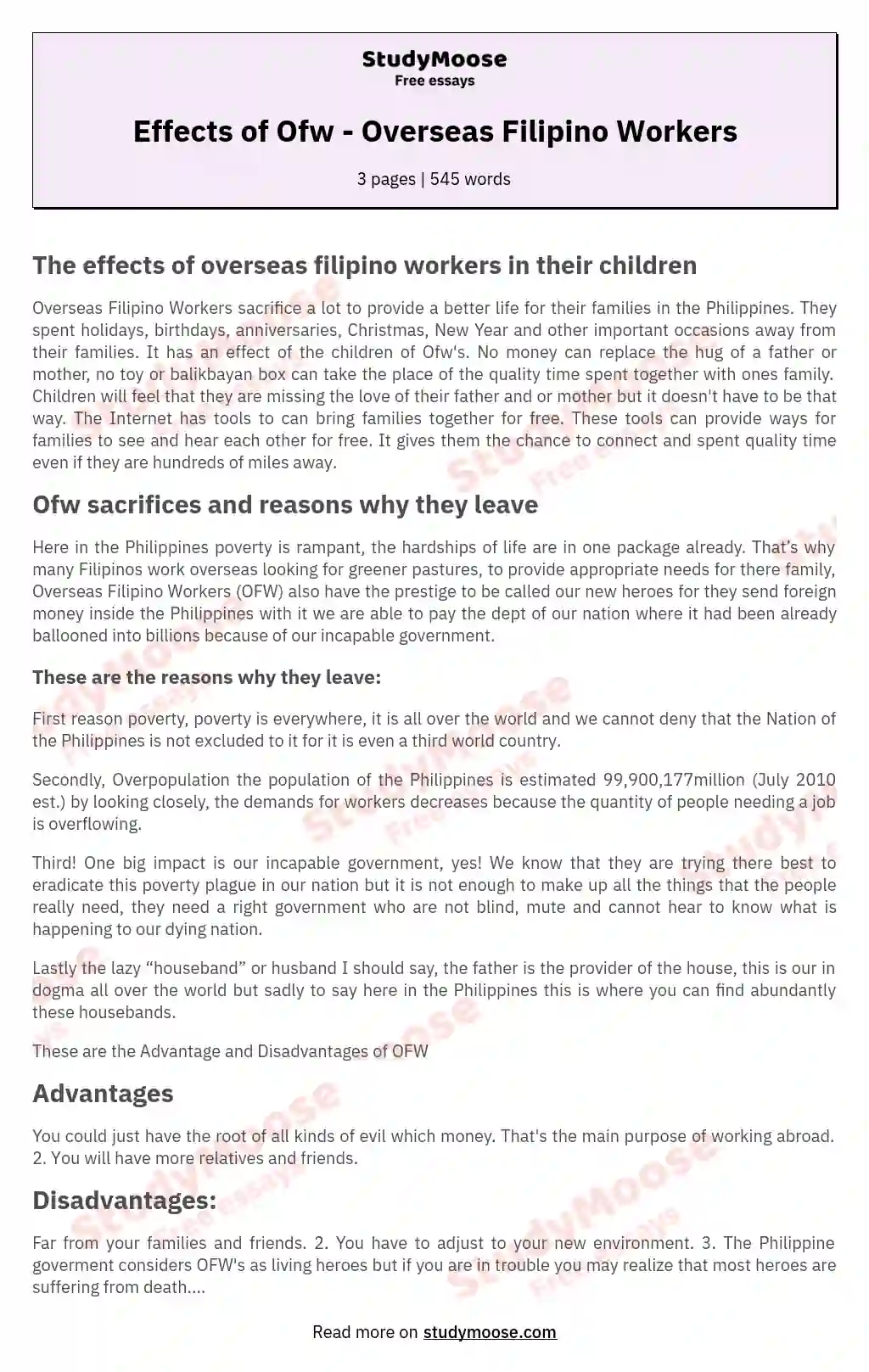 Effects of Ofw - Overseas Filipino Workers essay