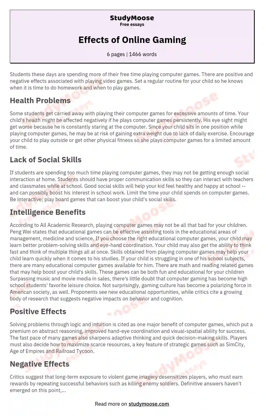 Essay Writing on Negative Effects of Online Games  Essay on Negative  Effects of Video Games 