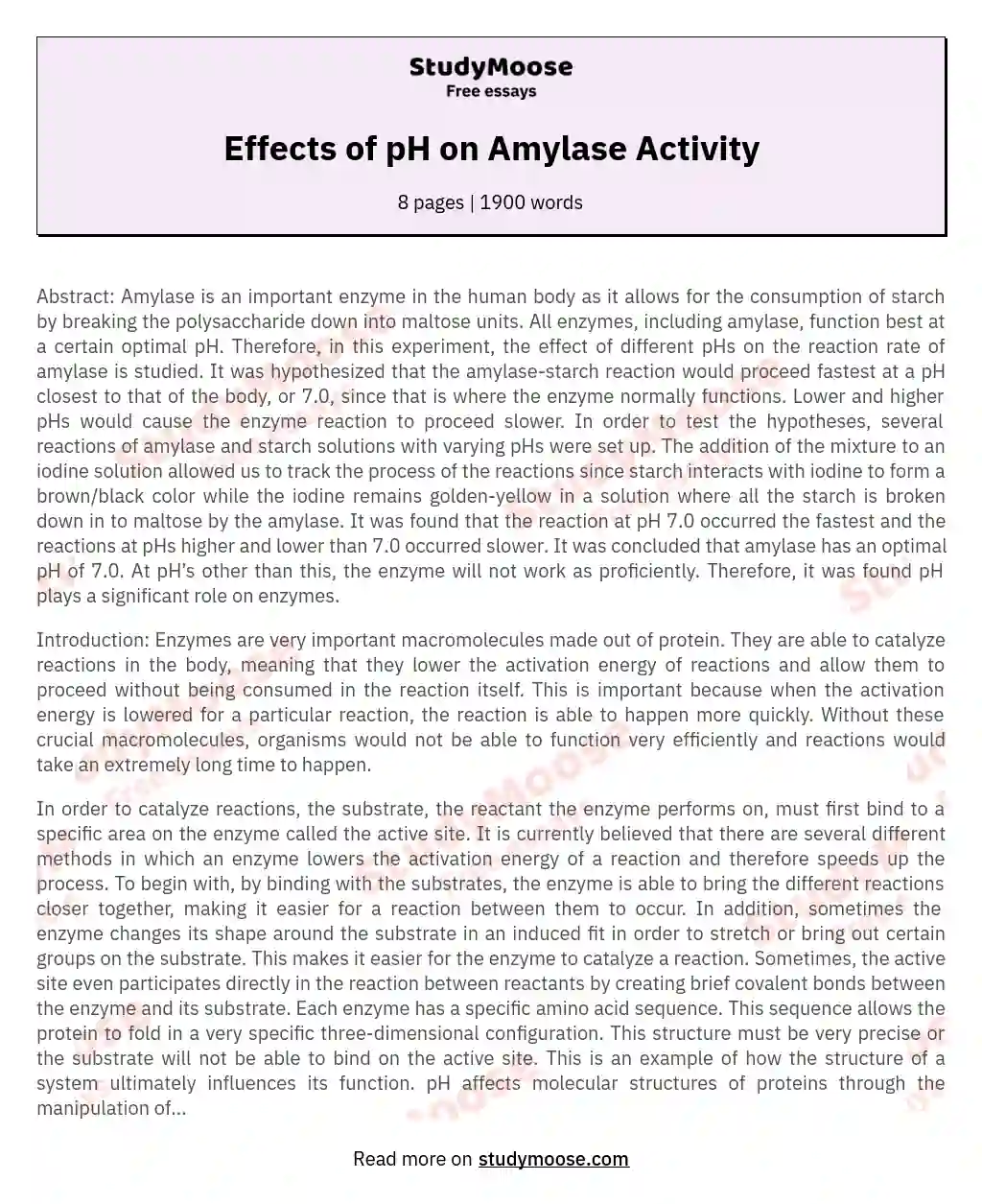 Effects of pH on Amylase Activity essay