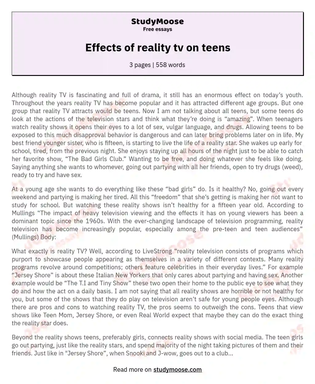 Effects of reality tv on teens essay