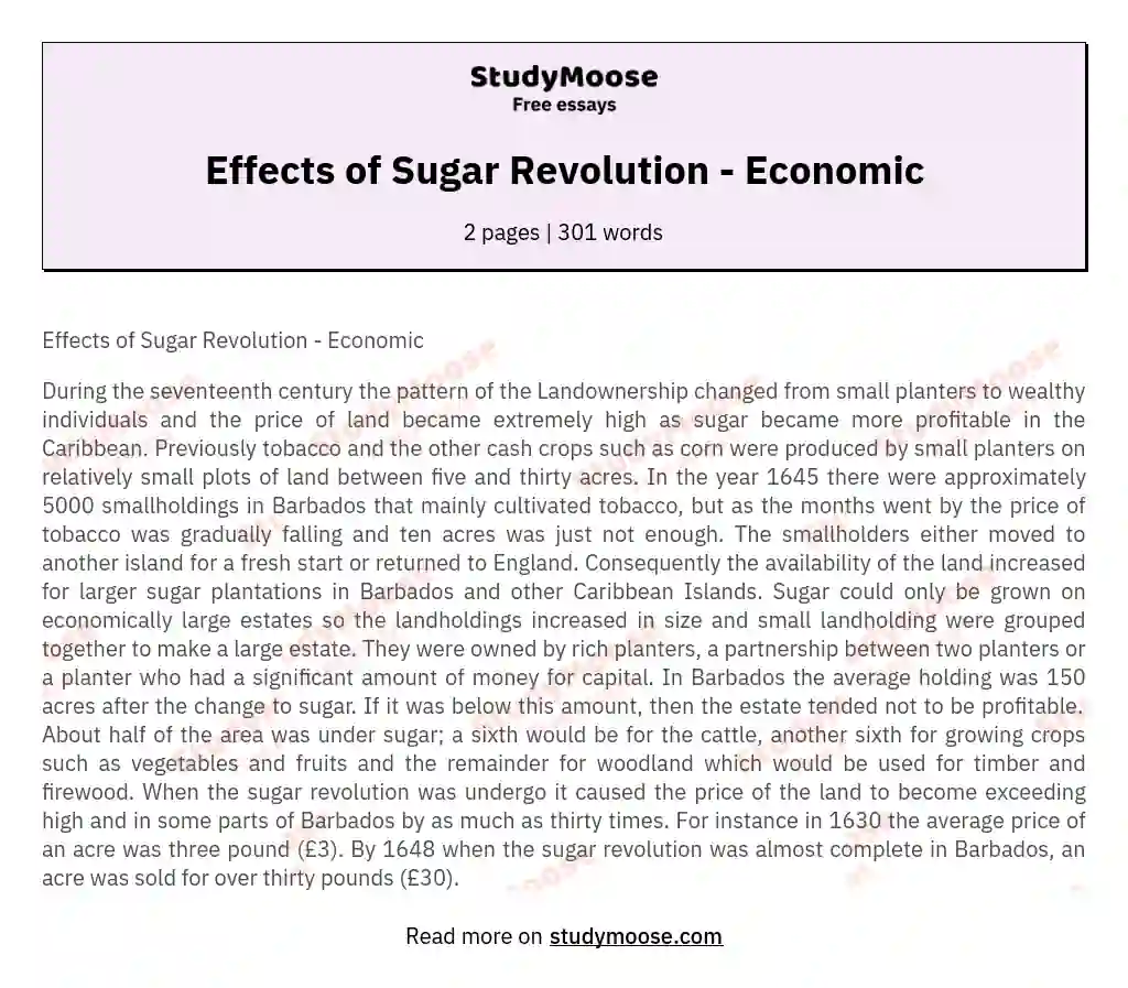 Effects of Sugar Revolution - Economic essay